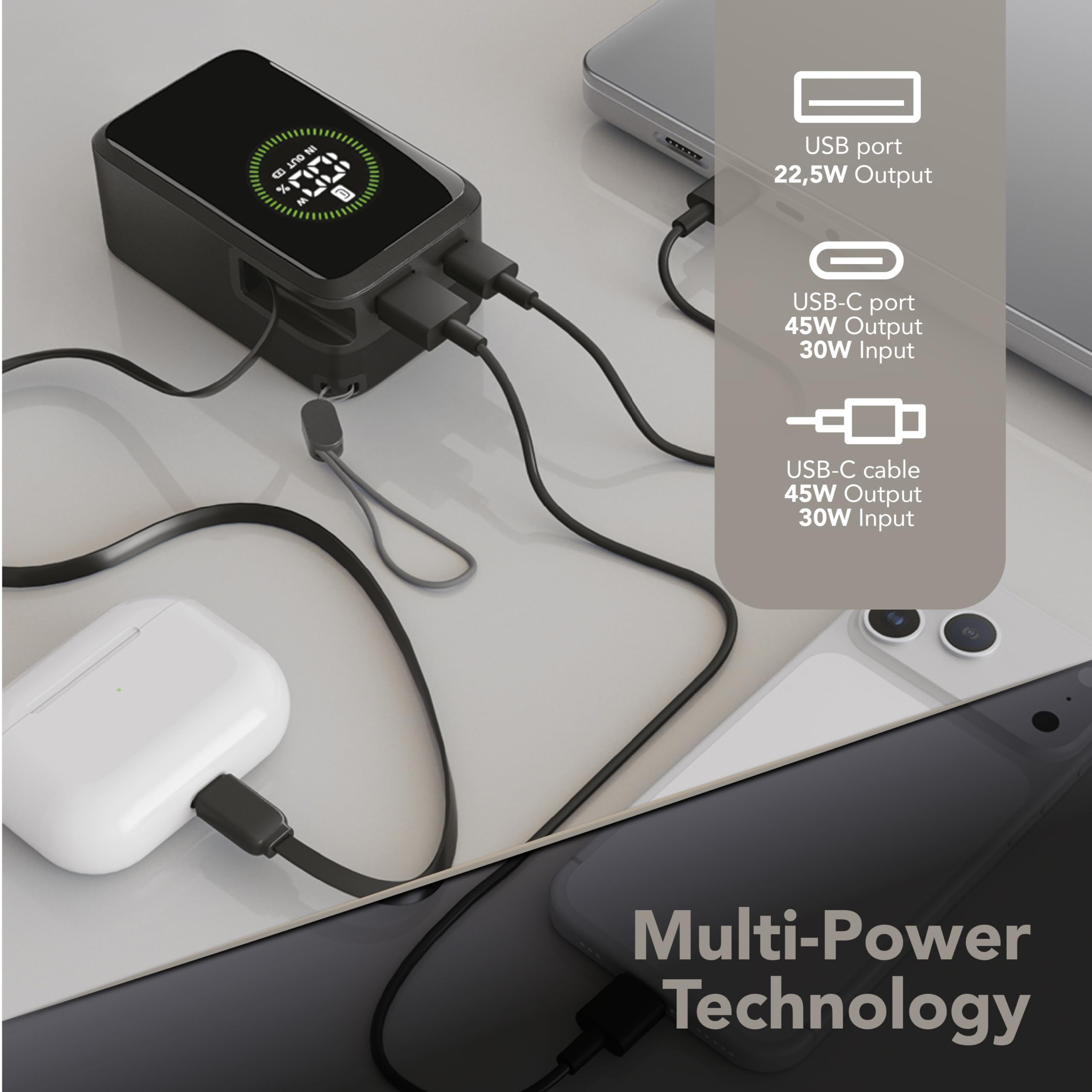 Cellularline Powerbank Roller 10.000 mAh mit 45 W Schnellladefunktion, integriertem 70 cm USB-C-Kabel, LCD-Display, DREI Anschlüssen und Trageschlaufe Schwarz