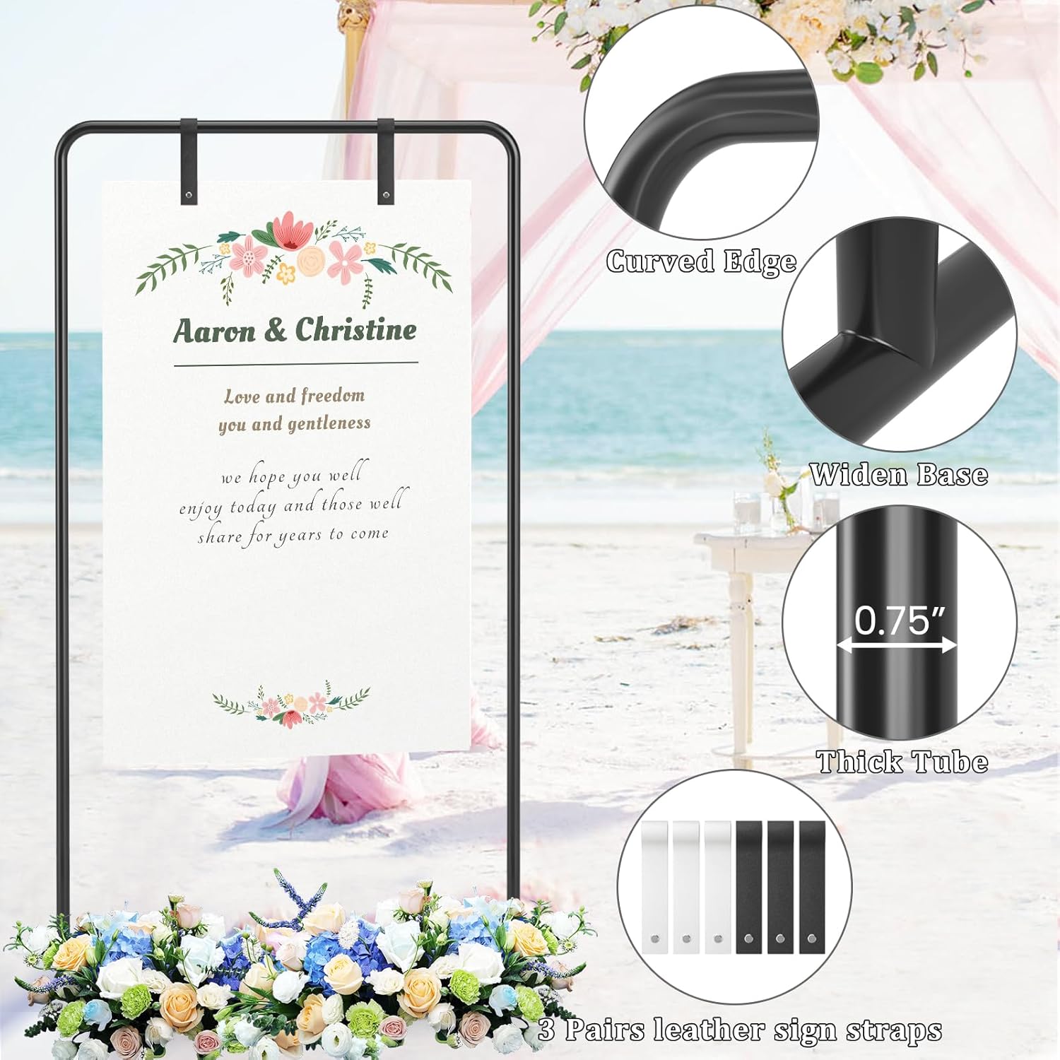 Wedding Welcome Sign Stand,Adjustable Welcome to Our Wedding Sign Holder Stand, Easel Stand for Sign,W/Design Bundle & Leather Sign Hanging Straps,for Party,Wedding,Baby Shower,Graduation(Black)