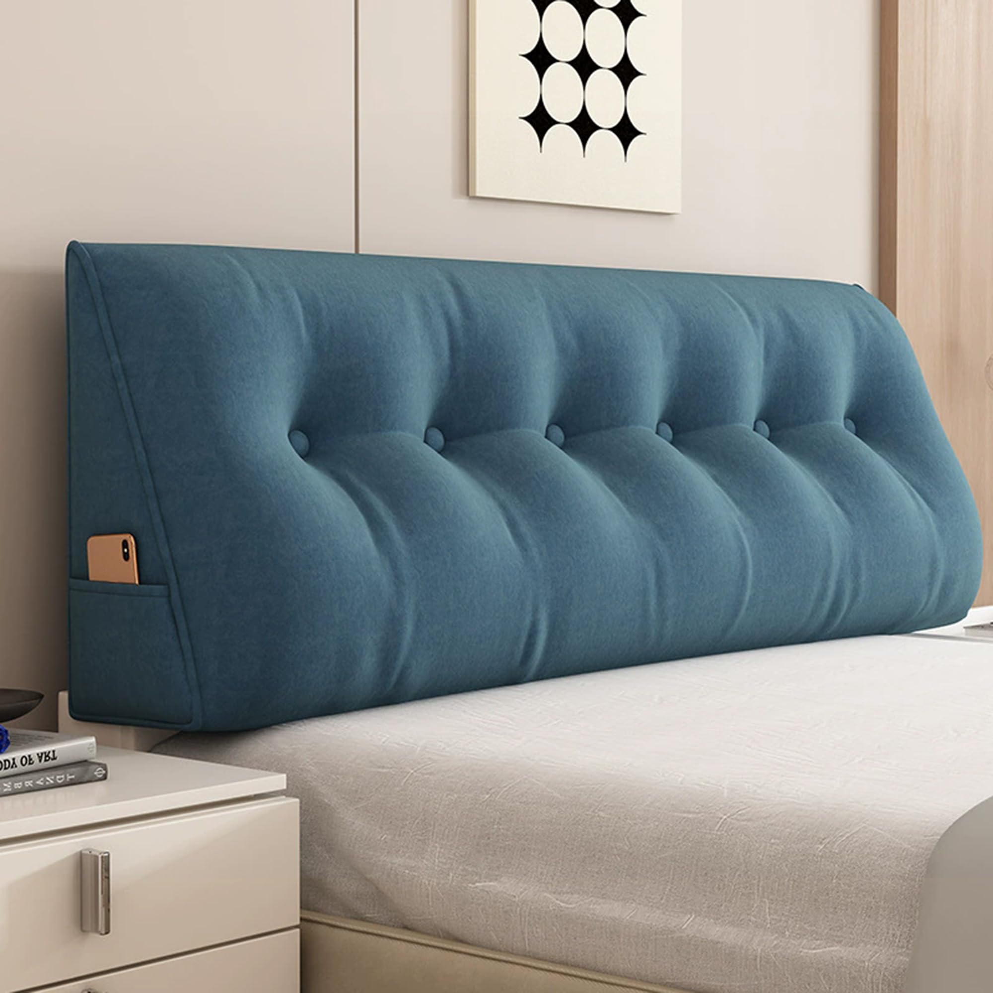 Hruile Triangular Headboard Pillow, Rest Reading Pillow for Bed Sofa, Backrest Wedge Cushion with Side Pocket, Lumbar Support Cushion, Backrest Positioning Bolster (80x50x20cm,Blue)