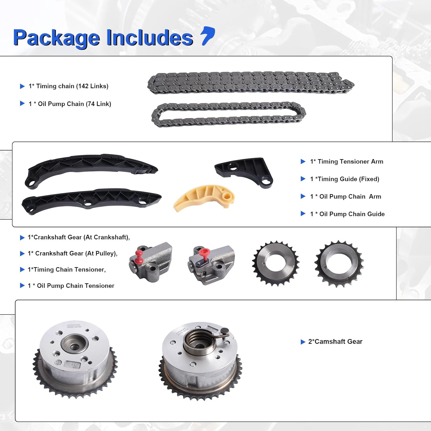 Timing Chain Kit with VVT Camshaft Gear for 2011-2019 Kia Sorento Optima Sportage, for Hyundai Sonata Santa Fe Tucson 2.0L 2.4L GDI G4KJ Engine - OE # 24350-2G750 24370-2G750 24321-2G111