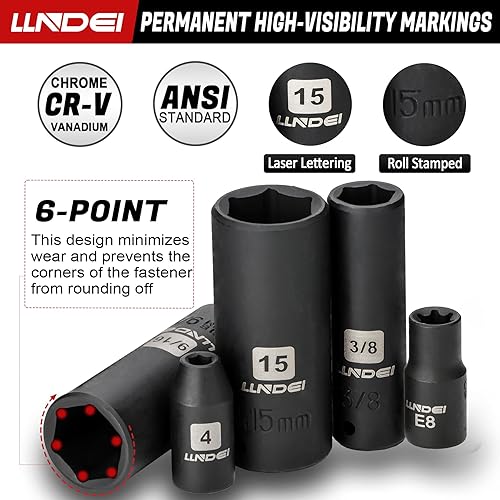 Miniatura 5 de LLNDEI Juego de llaves de impacto de 1/4 de pulgada, 83 piezas, SAE estándar (5/32-9/16 pulgadas) (0.157-0.591 in), mango de llave de trinquete 72T