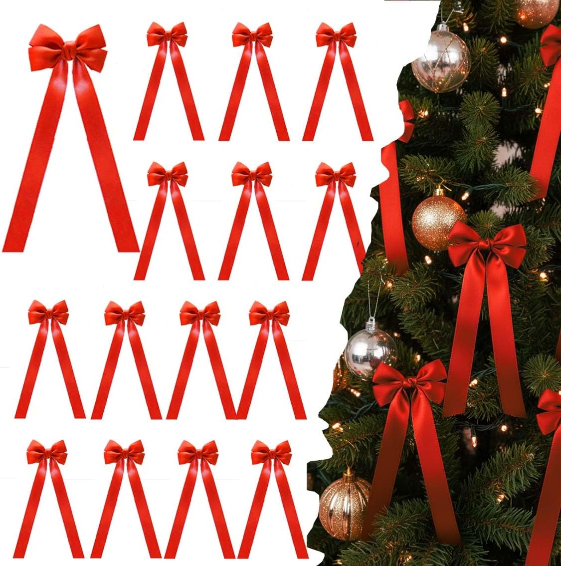 24 Pcs Christmas Tree Bows Satin Ribbon Bows Christmas Tree Decorations Large Tree Topper Bow for Door Windows Xmas Home Wedding Decorations Indoor Outdoor(Red) (red)