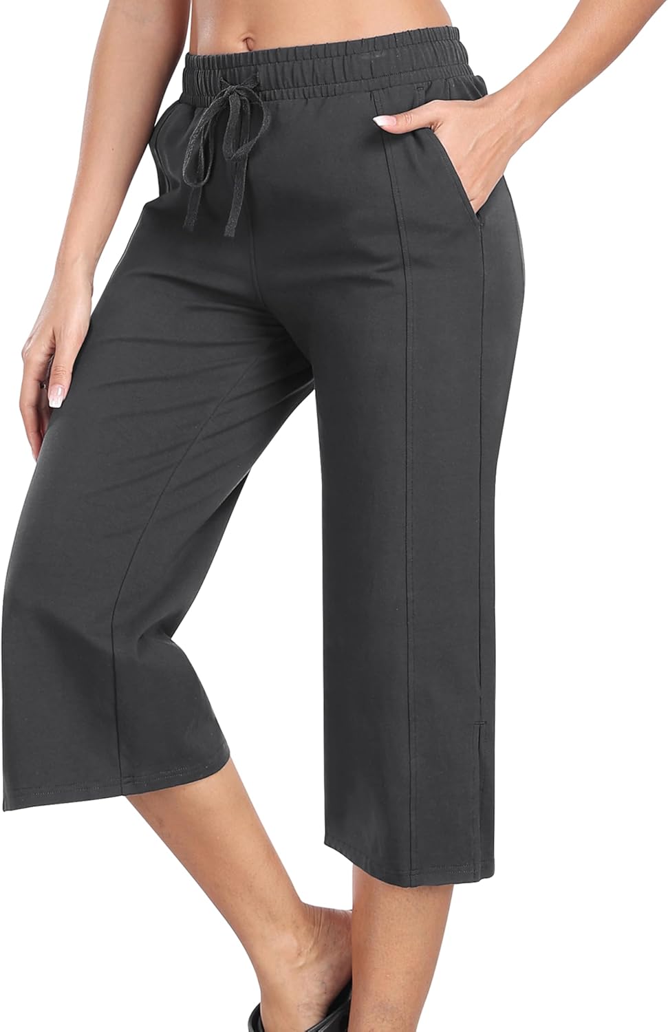 JINSHI Vrouwen Zomer Broek 3/4 Katoen Capri Broek Casual Yoga Sportbroek met Zakken, Donkergrijs, XL