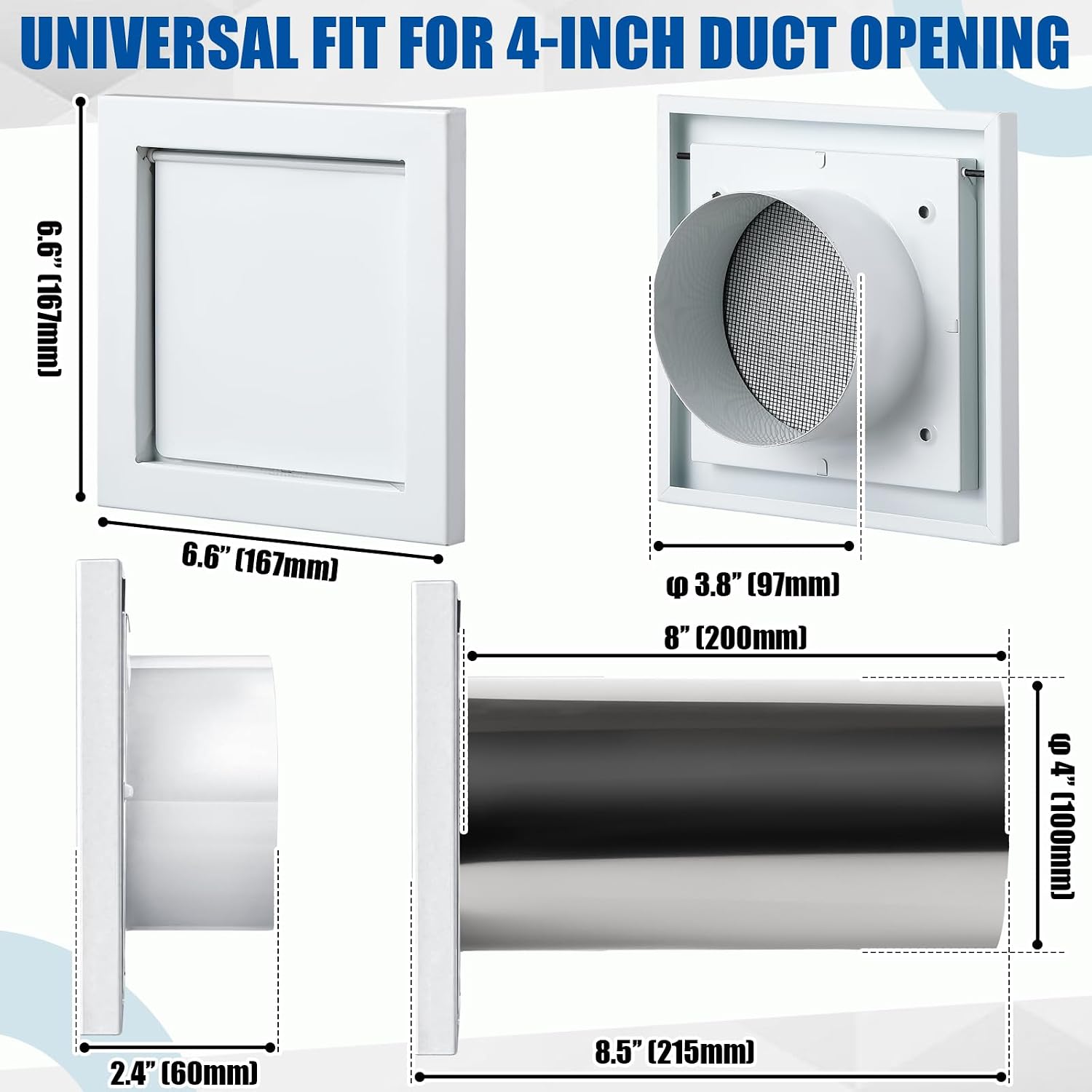 Dryer Vent Cover Outside Magnetic 4 Inch Galvanized Steel Bird Guard with Nylon Insect Screen Damper Built-in Magnet and Removable Extension Tube Exhaust Cover for Home Bathroom(White)