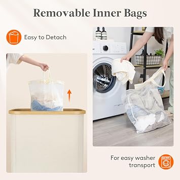 Lifewit 100L Laundry Basket with Lid 2 Compartments, Large Washing Basket with Removable Laundry Bags and Bamboo Handles, Clothes Hampers for Laundry, Bathroom, Bedroom, Dorm, Cream White