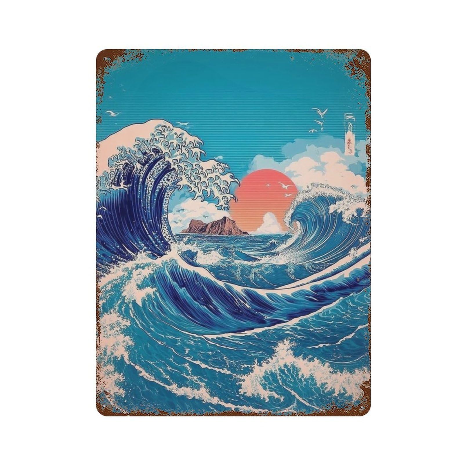 Ocean Wave Sunset Art Print Vintage Rust Metal Sign 15.7"x11.8", Farmhouse Wall Decor for Garage, Pub Or Kitchen