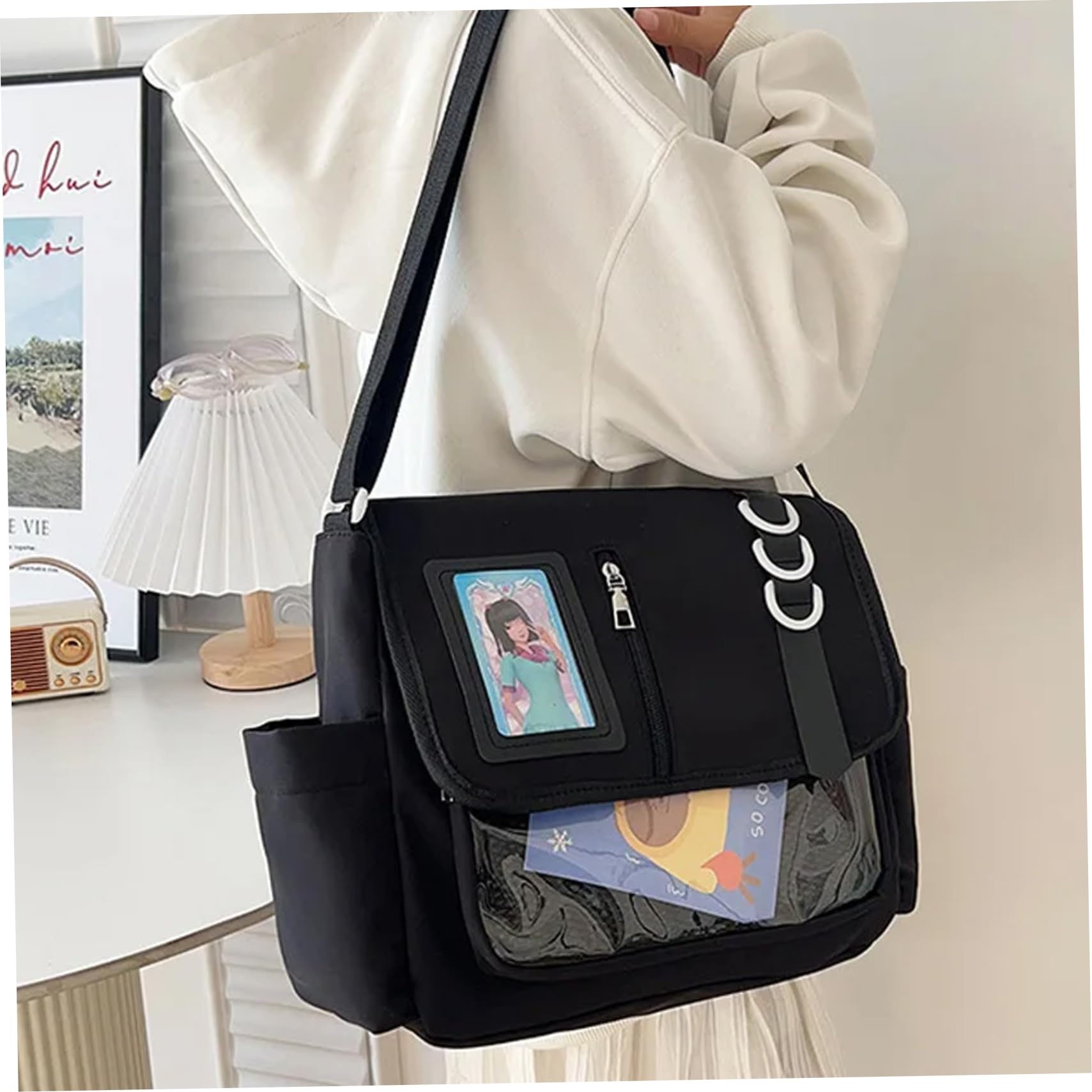 Ita-Tasche, japanische Schultasche, Kawaii-Umhängetasche, Nylon, schwarz, Ita mit Pin-Display-Tasche, Verstellbarer Riemen, großes Fassungsvermögen, Geldbörse für Gilrs-Frauen