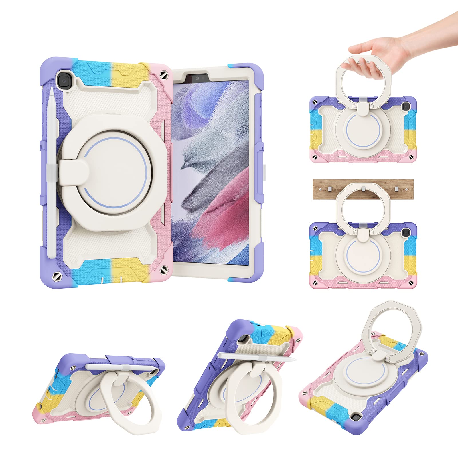 Custodia per Samsung Galaxy Tab A7 Lite T220/T225, antiurto con pellicola proteggi schermo, portapenne, tracolla, supporto girevole per bambini