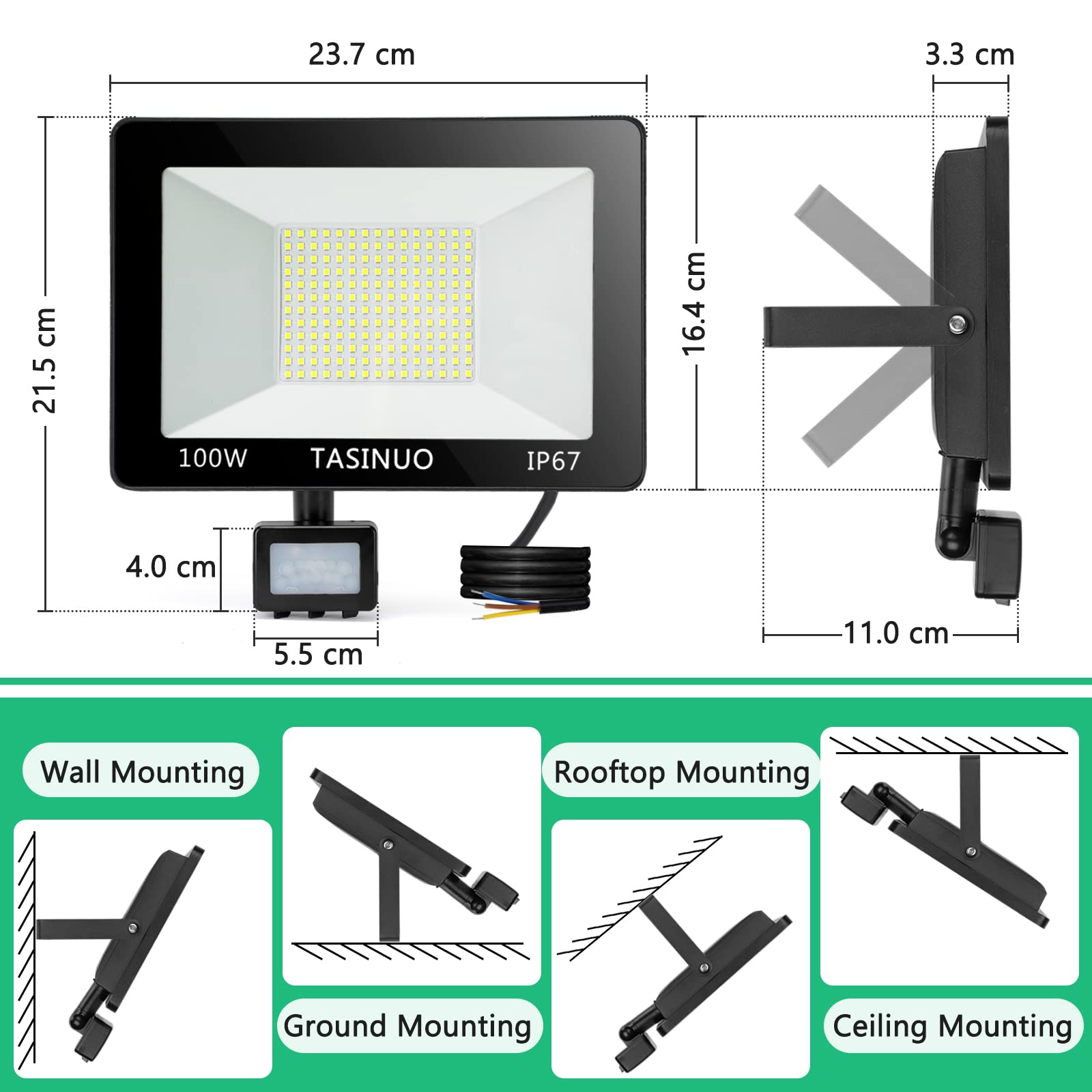 Foco LED con Sensor de Movimiento 100W, 10000LM 7000K Focos LED Exterior, IP67 Impermeable Luz LED con Sensor de Movimiento, 180 LEDs Luces Led Exterior para Jardin, Terraza, Garaje, Entrada