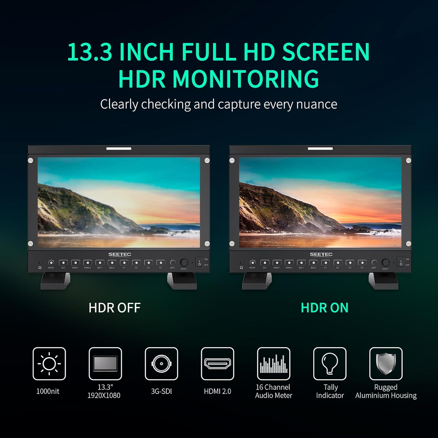 SEETECT P133 PRO 13.3 inch 1000nit High Bright Broadcast Monitor Full HD 1920x1080 Camera Monitor CalMAN Software Calibration, True Color Presentation