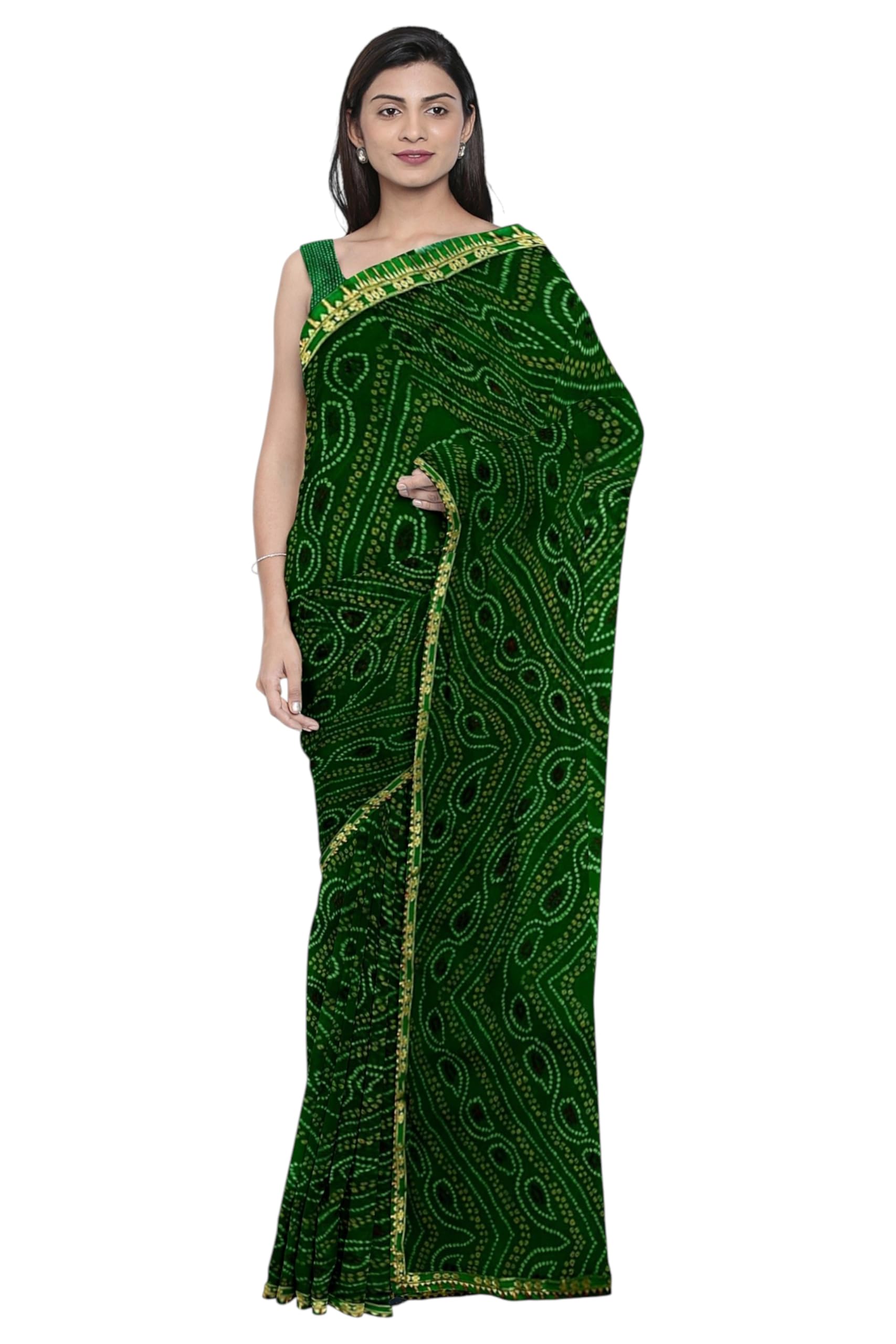 Traditional Bandhani Print Chiffon Saree with Blouse Piece, Green and Gold, Kalamkari Pattern-image-28
