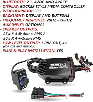 Universal Bluetooth Rocker Switch Audio System. Compact Radio with Basic headunit Controls with 200w 4-Channel Amplifier with External Amp Outputs for More Powerful Speaker and Subwoofer Amplifiers