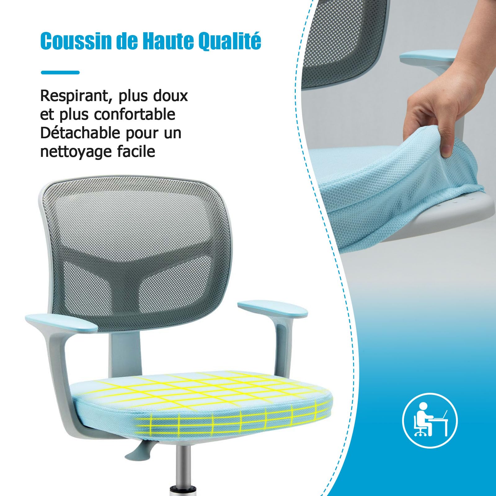 DREAMADE Chaise de Bureau Enfants en Maille,Fauteuil Pivotante Ergonomique Enfant avec Hauteur Réglable&Dossier&Accoudoirs,Siège à roulettes Fille Garcon 3-10 Ans,Charge 150kg (Bleu)