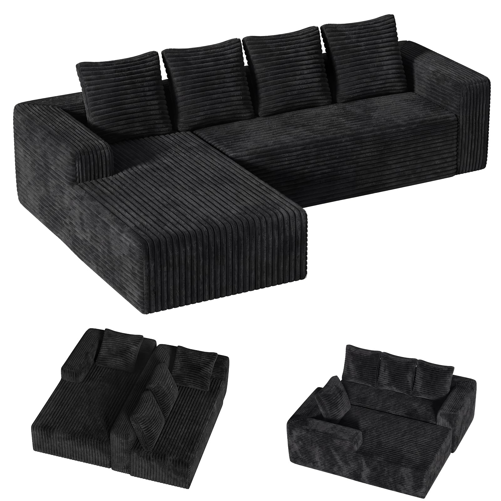 Sofá seccional Cloud en forma de L moderno modular para sala de estar con asientos profundos, sofá tapizado de tela de panel, no requiere montaje, 260 cm de ancho, negro, talla única