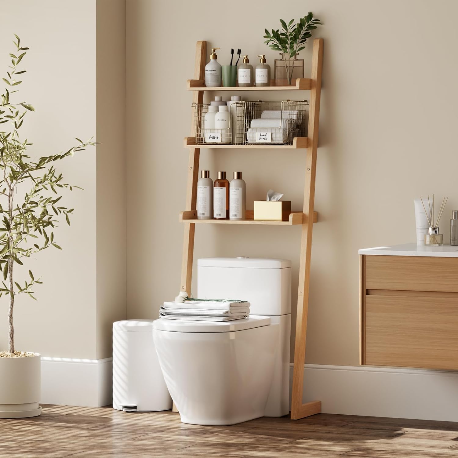 Over The Toilet Storage Shelf Wood, 3-Tier Above Toilet Organizer Rack, Freestanding Above Toilet Shelf for Bathroom, Laundry, Space Saver, Natural Color.