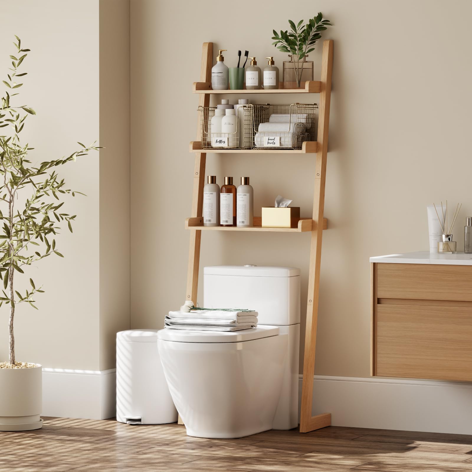 YQJJGL Over Toilet Storage Shelf Wood, 3-Tier Above Toilet Organizer Rack, Freestanding Storage Shelf for Bathroom, Laundry, Natural Color