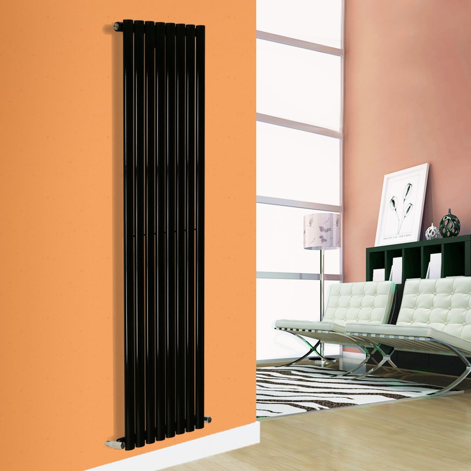 Horizontal Vertical Designer Radiator Oval Column White Anthracite Tall Upright Rads (Single - 1600 x 480mm, Black)