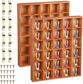 Rustic Wooden Shot Glass Display Cases with 30 Slots, 2 Pcs Freestanding and Wall-Mount Options