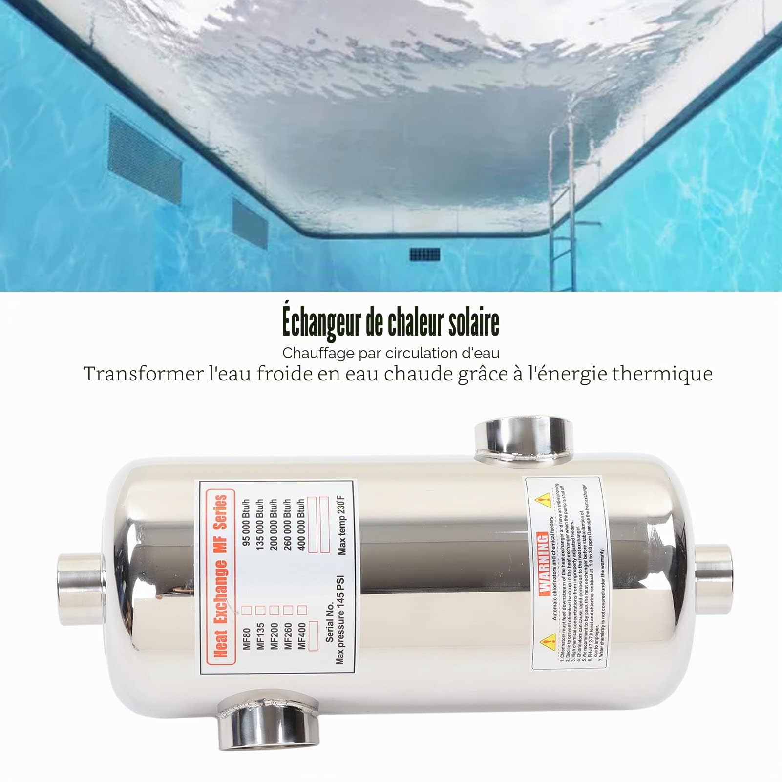 Fockety Échangeur de Chaleur de Piscine, échangeur de Chaleur à Tube en Acier Inoxydable 40KW, échangeur de Chaleur à Eau Salée pour Spa, Piscine, Chauffage Solaire de Piscine