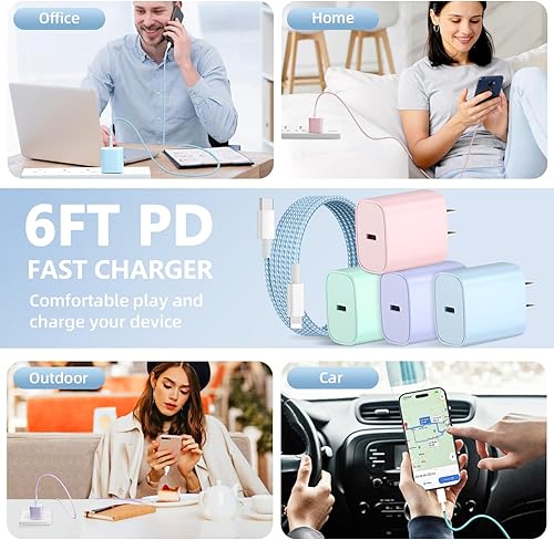 Miniatura 7 de Cargador de teléfono de carga rápida, paquete de 4 bloques de cargador de pared USB C de 20 W con cable de carga de 6 pies tipo C bloque de carga