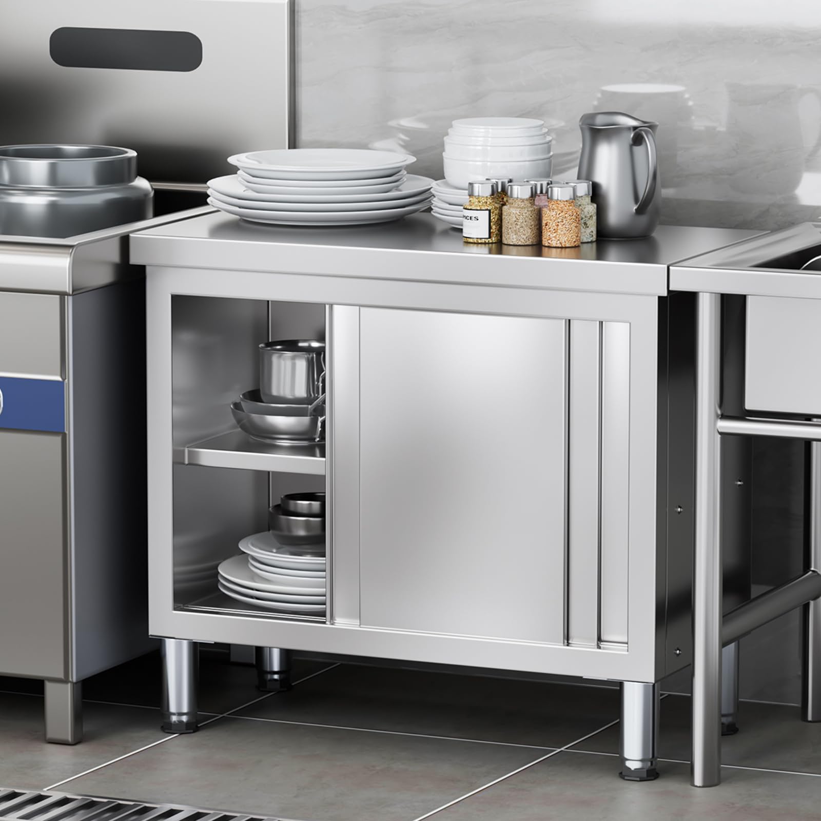 Tavolo Lavoro Cucina In Acciaio Inox Con Ante Scorrevoli - Perfetto Per Ristoranti E Casa - Foto 5
