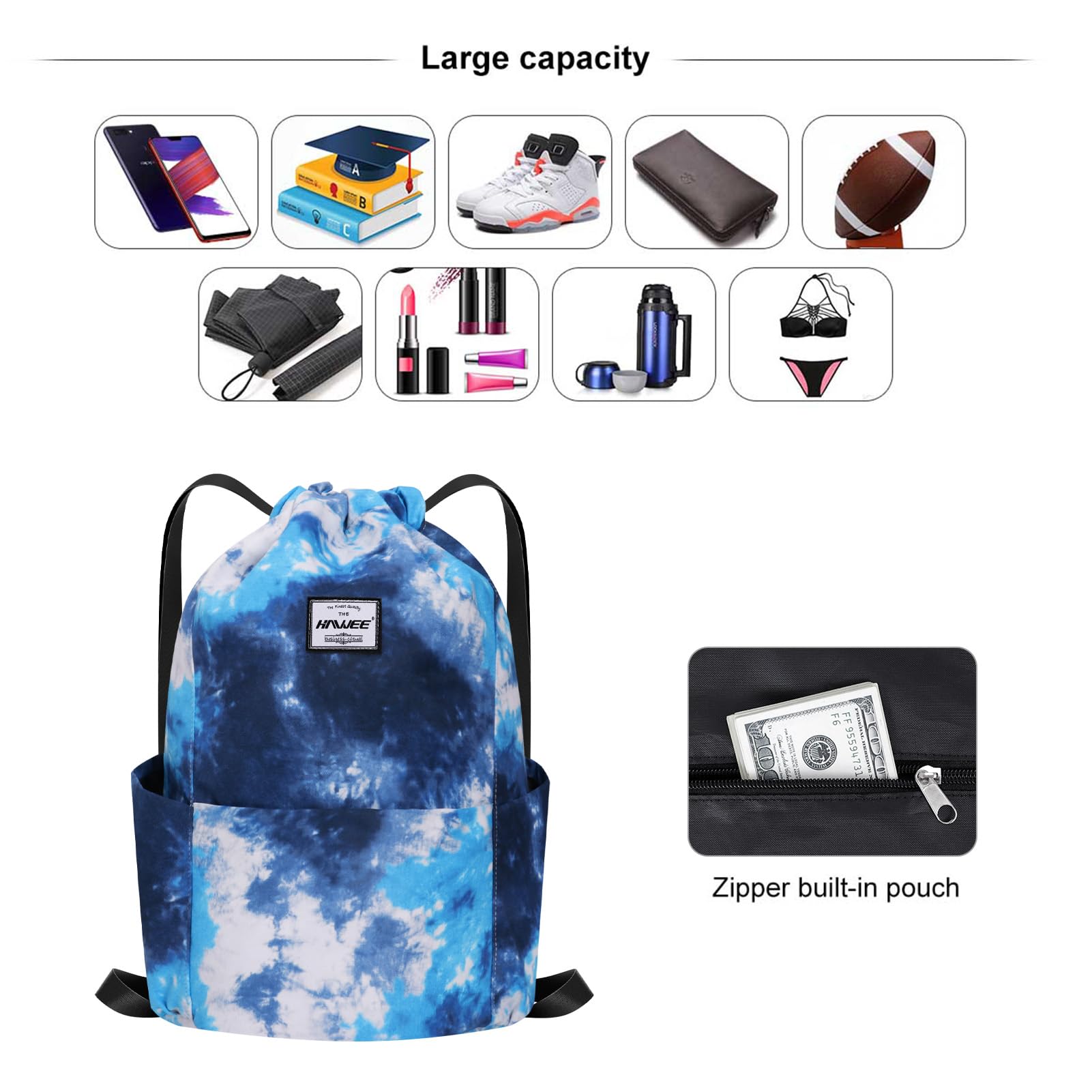 Impermeable Casual Mochila con Cordón Grande Deporte Bolso de Gimnasia Mochila de Cuerda Unisex para Mujer Hombre Vida Cotidiana Aire Libre Yoga Escuela Playa Nadar — view 3