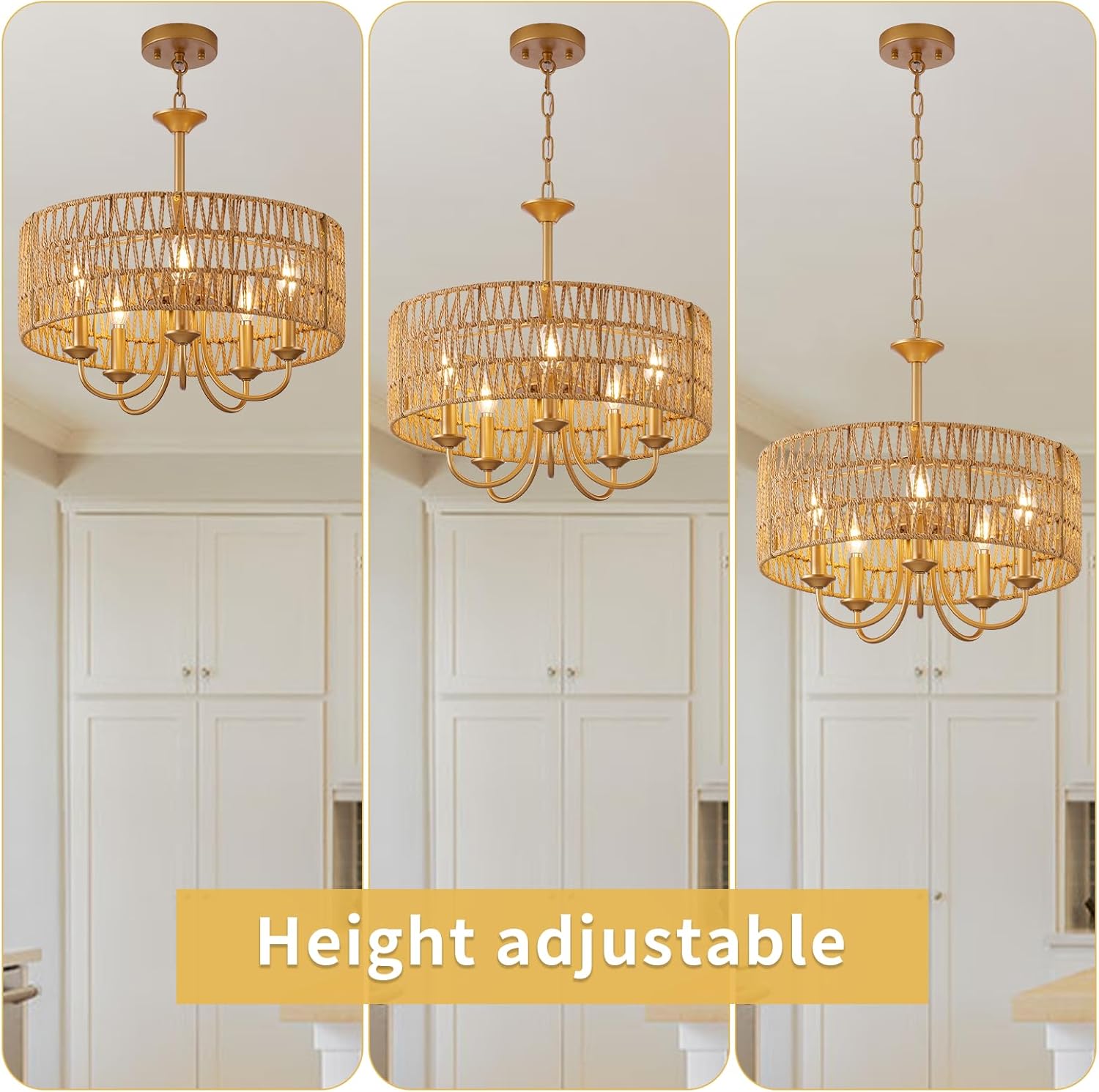 5-Light Boho Large Rattan Chandelier Light Fixture, Gold Rattan Chandeliers for Dining Room with Hand Woven Shade, Farmhouse Rustic Drum Hanging Pendant Light Fixture for Living Room, Hallway, Foyer