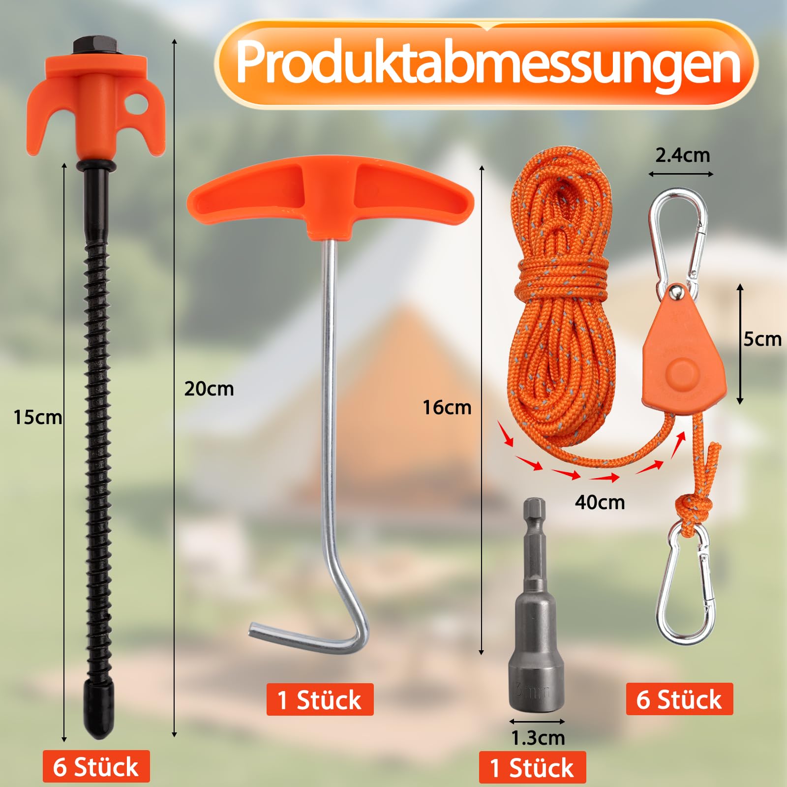 Set di 6 picchetti a vite da campeggio da 20 cm e 6 ganci a cricchetto da 4 m, picchetti girevoli resistenti alle tempeste, corda in metallo regolabile da 1/8" per esterni con cricchetto, set