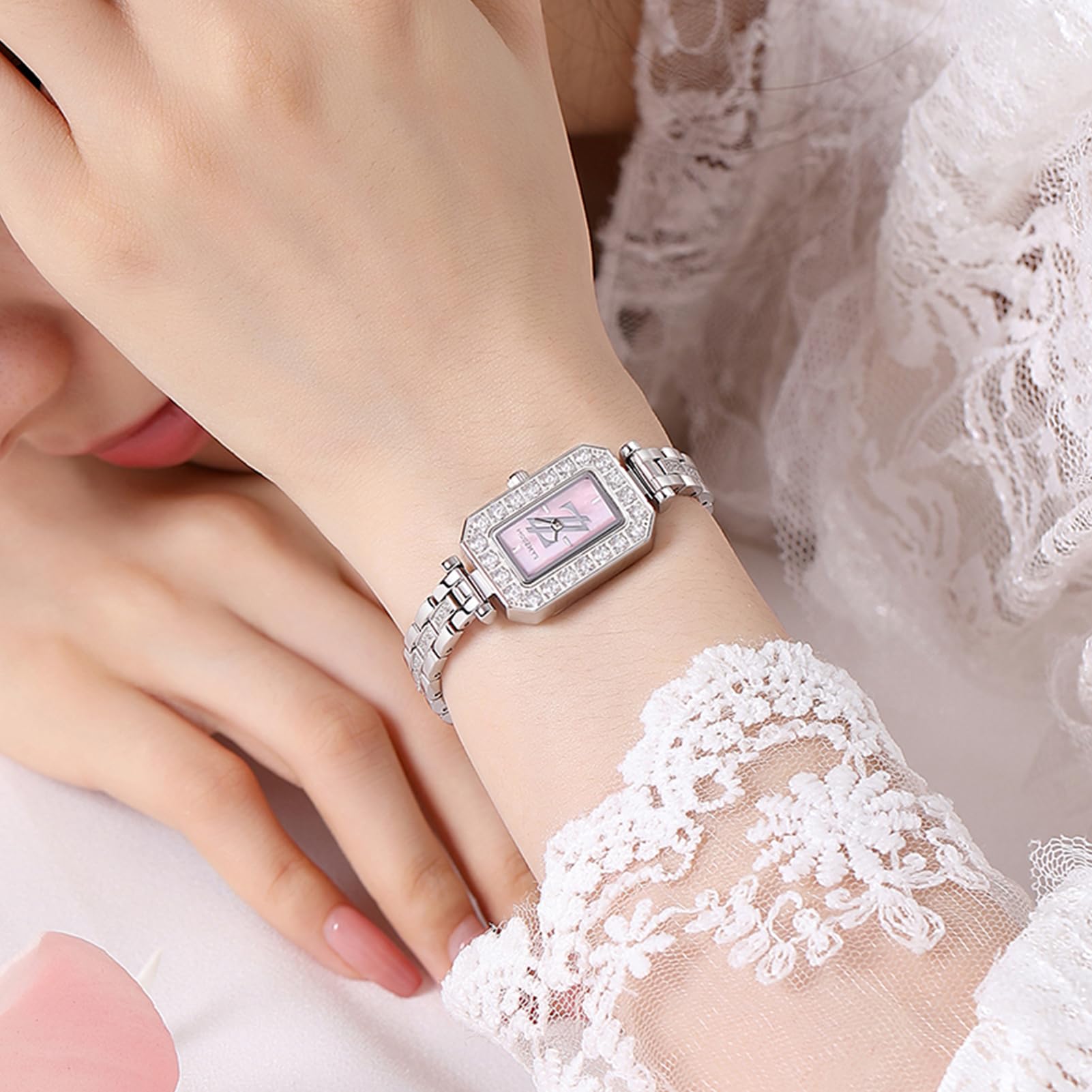LANZOOM Diamant-Uhren für Damen, Gehäuse und Armband aus 316L-Edelstahl, mit rosa Perlmutt-Zifferblatt, Silber / Pink, Zierlich süß