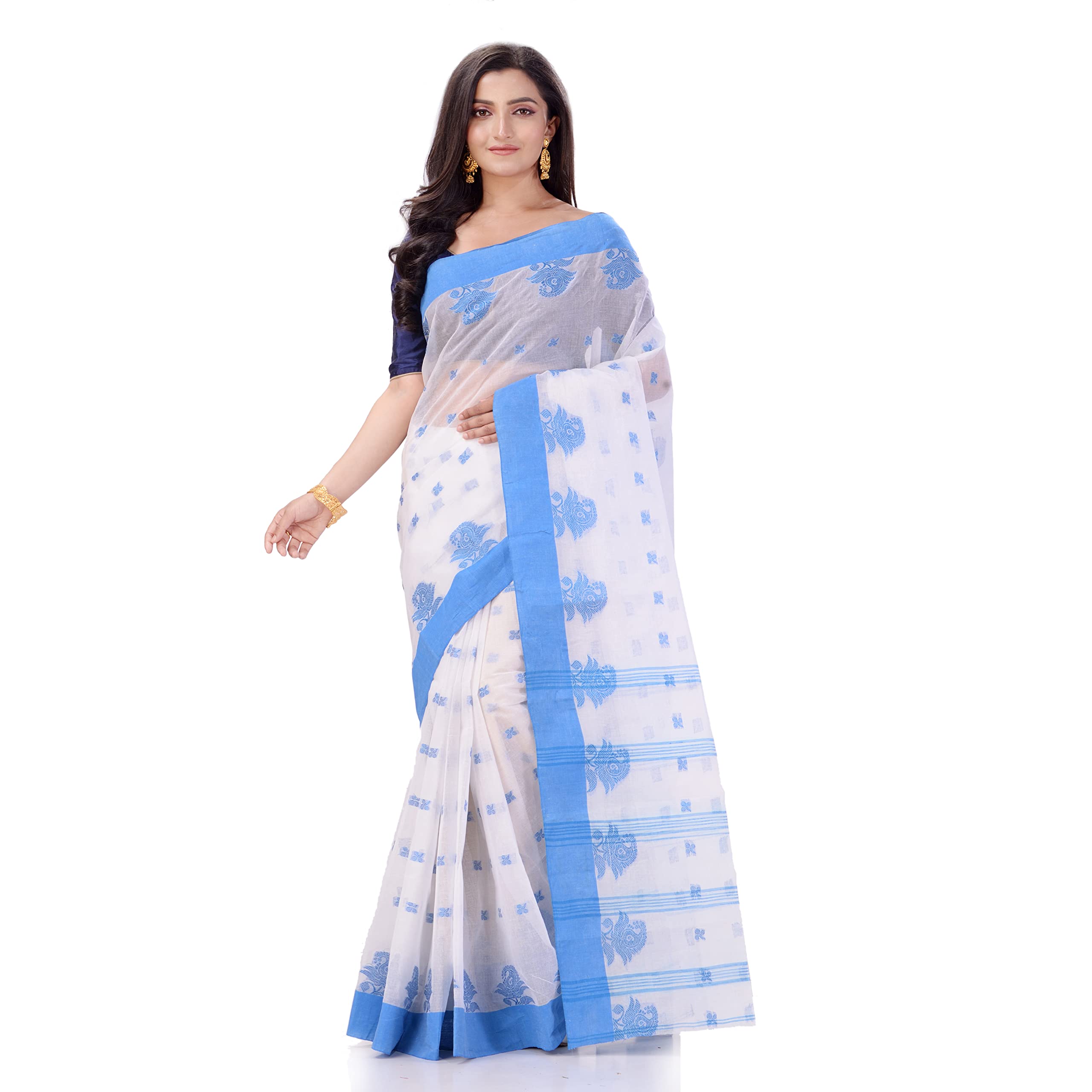 TANTLOOM Tantaloom Women`s Traditional Tant Handloom Woven Tri Phul Design Pure Cotton Saree Without Blouse Piece