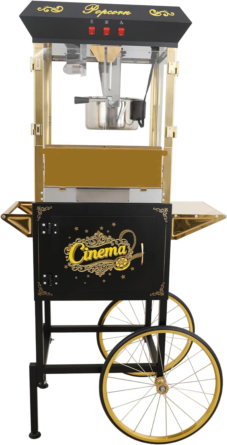 Commercial Popcorn Machine for Party: 10-Minute 32-Cup Batch - 850W 16oz Kettle & Mobile Cart - Black Gold Movie Theater Style