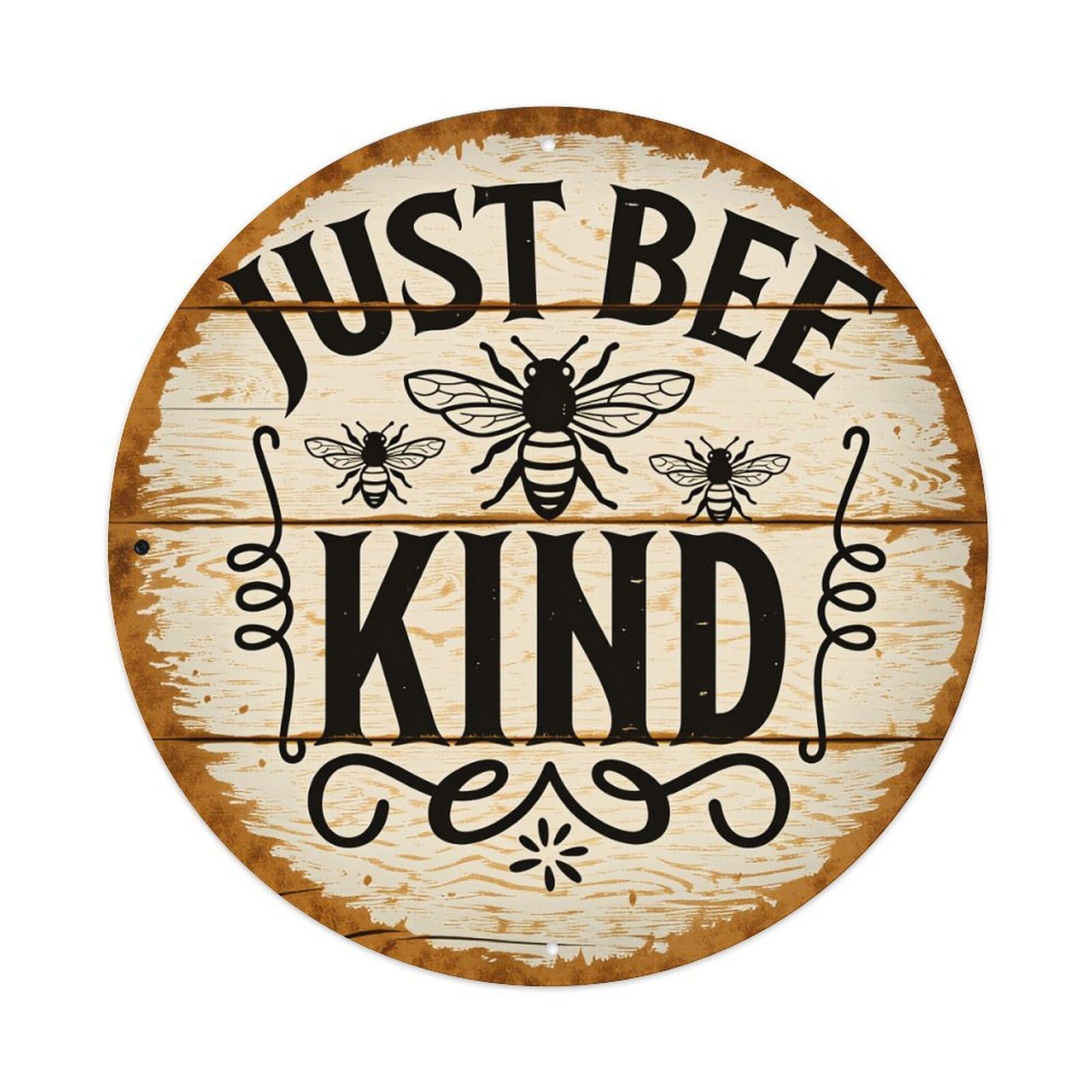 Just Bee Kind With Bees And Swirls Round Vintage Tin Sign,Retro Wall Art,Metal Poster for Home, Bar, Garage, Cafe, Rustic Indoor & Outdoor Decor, 8x8 Inches
