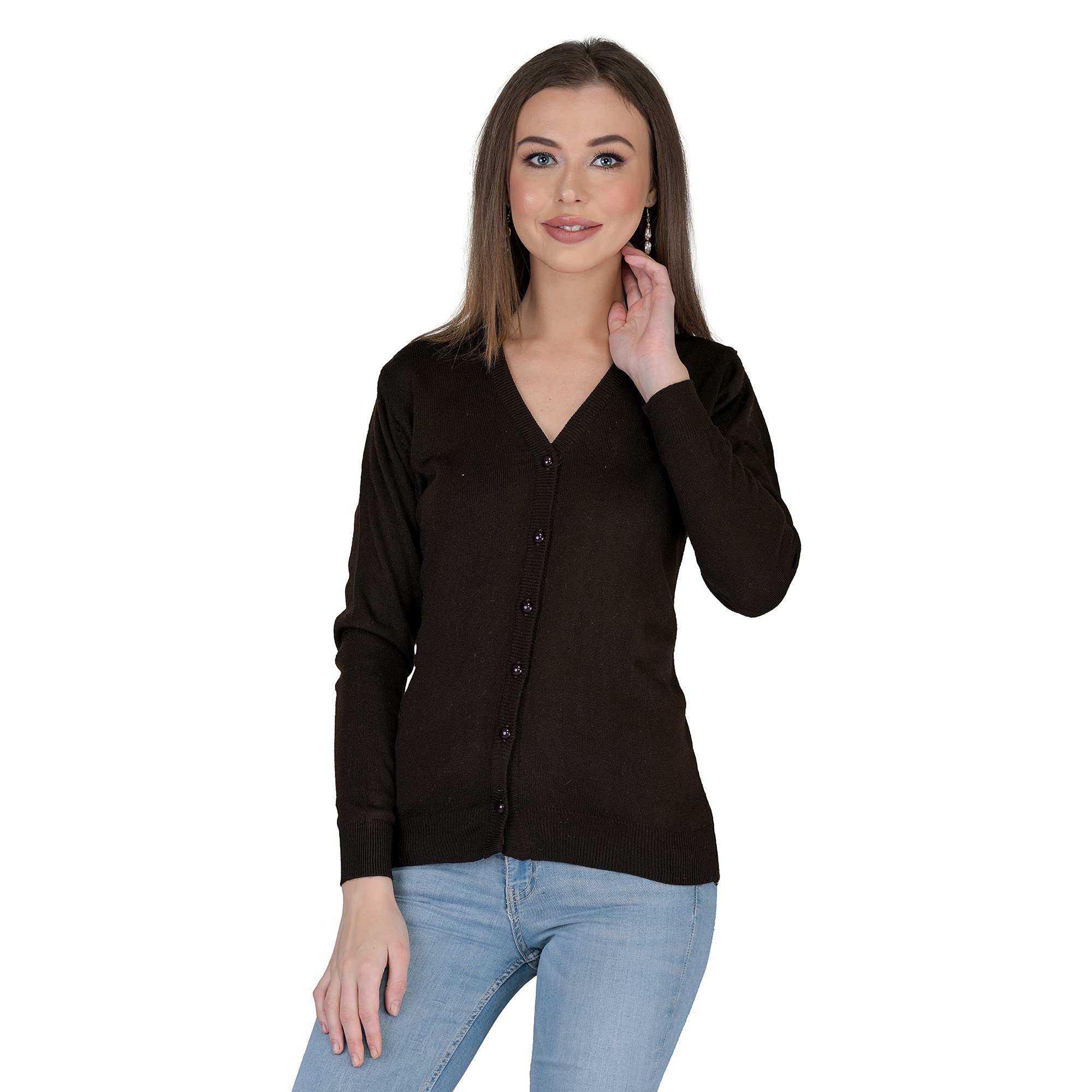 lady willington Women Woolen V-Neck Cardigan - Daffodil Fabric Winter Wear Pure Wool for Women Free Size - Thin Cotty Fully Warm (Coffee, Medium)-picture-43