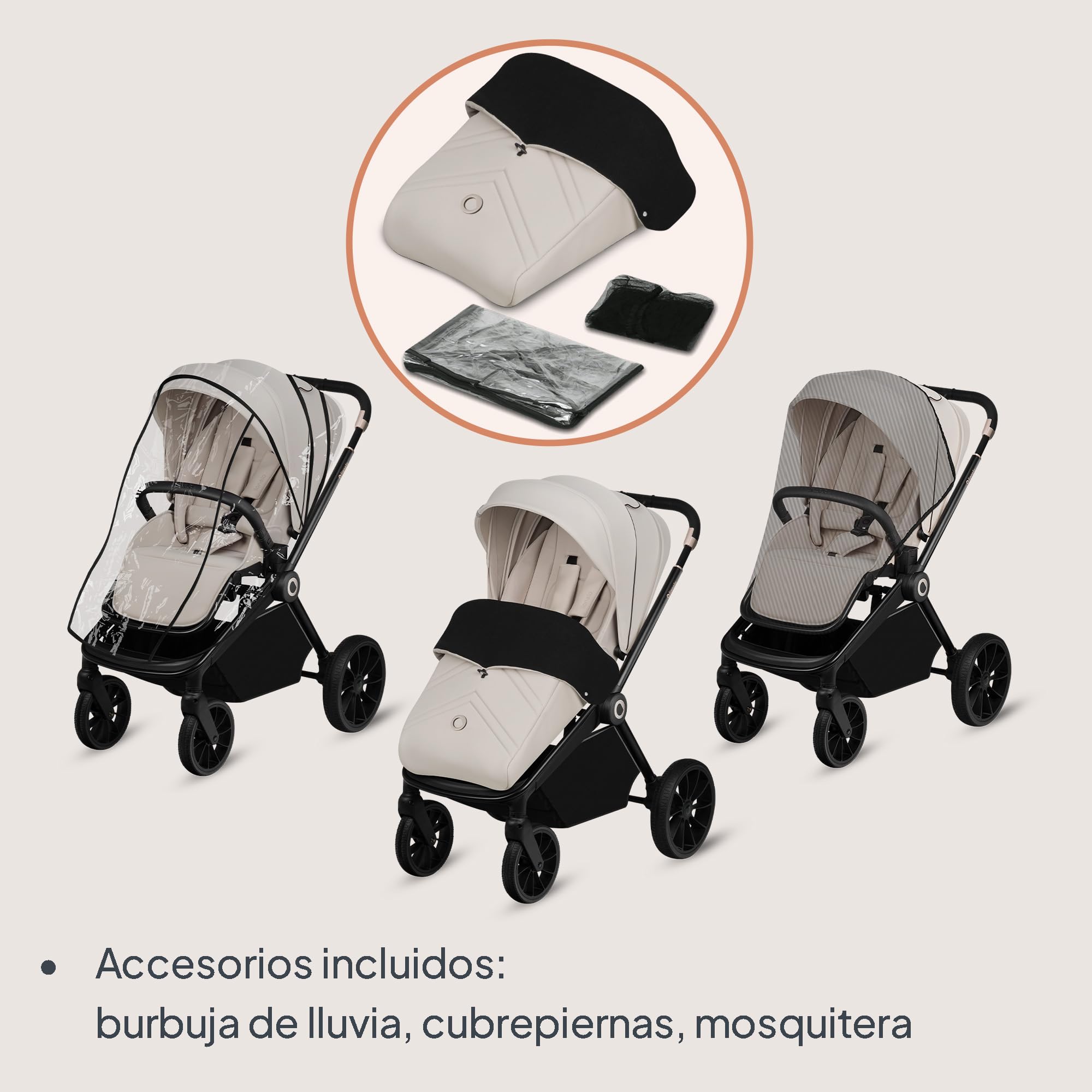 LIONELO MIKA PLUS 3 en 1 Silla de Paseo Bebe 0-48 meses a 22 kg Capazo hasta 9 kg Silla de Coche Portabebés hasta 13 kg, Respaldo Ajustable, Suspensión, Ruedas 360° Capota XXL Carrito de Bebe (Beige)