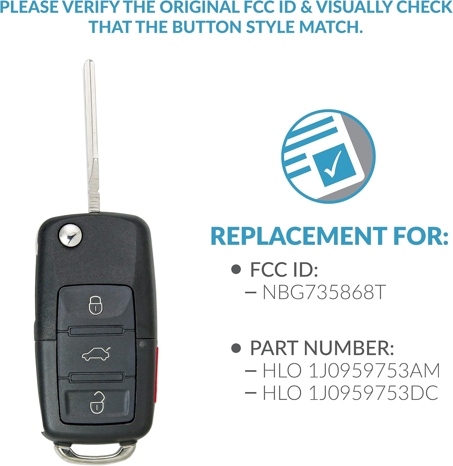 Keyless2Go Replacement for New Keyless Entry Remote Car Key Fob for Vehicles That Use HLO 1J0959753AM or 1J0959753DC