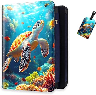 RFID Passport Holder for Travel with Luggage Tags, PU Leather Passport Wallet with Multiple Card Slots, Coral Reef-Backed Sea Turtle Travel Passport Case for Men & Women