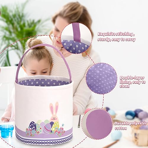 Miniatura 3 de LessMo - Canasta de conejito para huevos de Pascua, color púrpura, bonita, personalizable, de lona y algodón, canasta para búsqueda de huevos