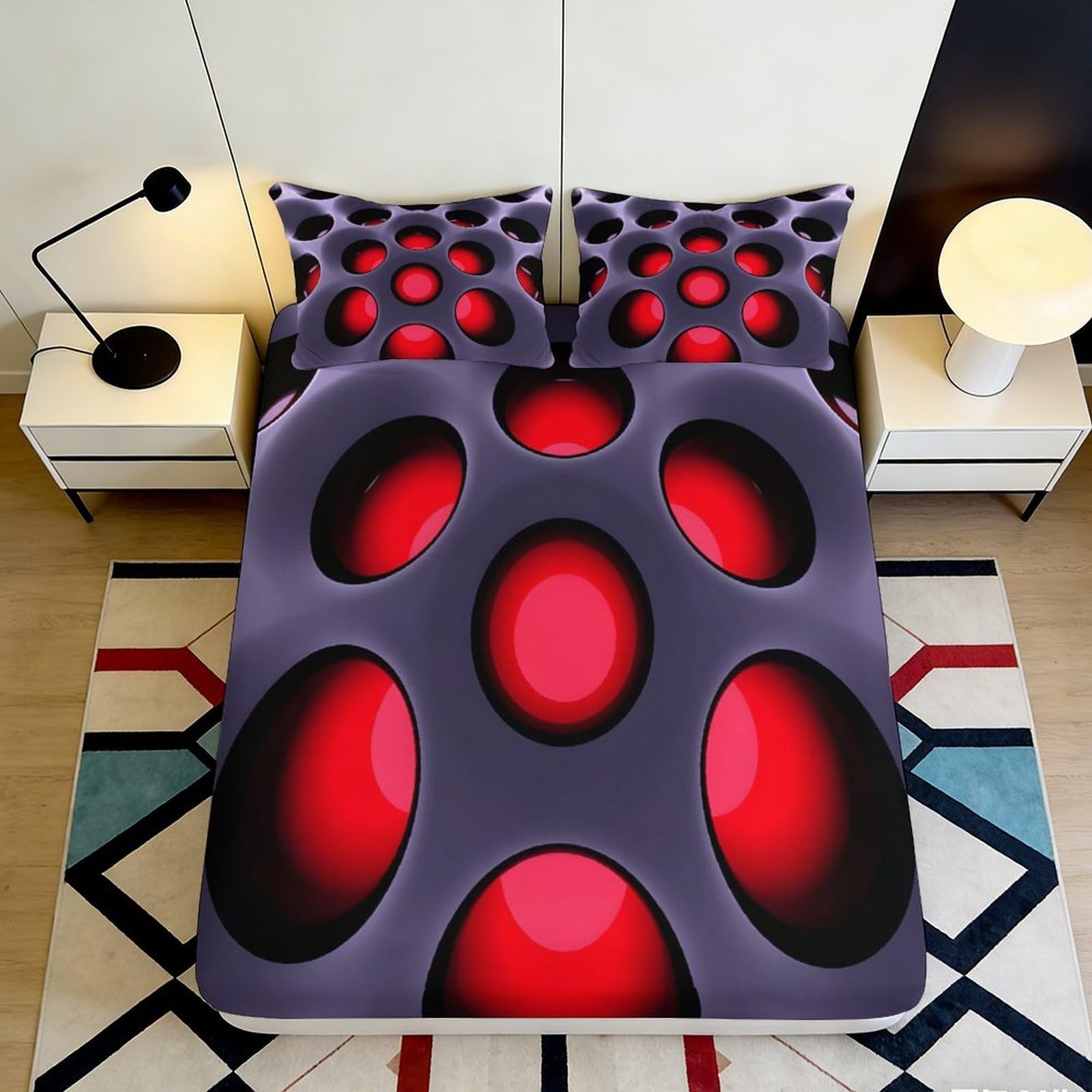 3D Printed Abstract Red Circles Fitted Sheet Microfiber Soft Durable Geometric Bed Cover for Bedroom Dormitory Guest Room Mattress Protection 180x200x25cm