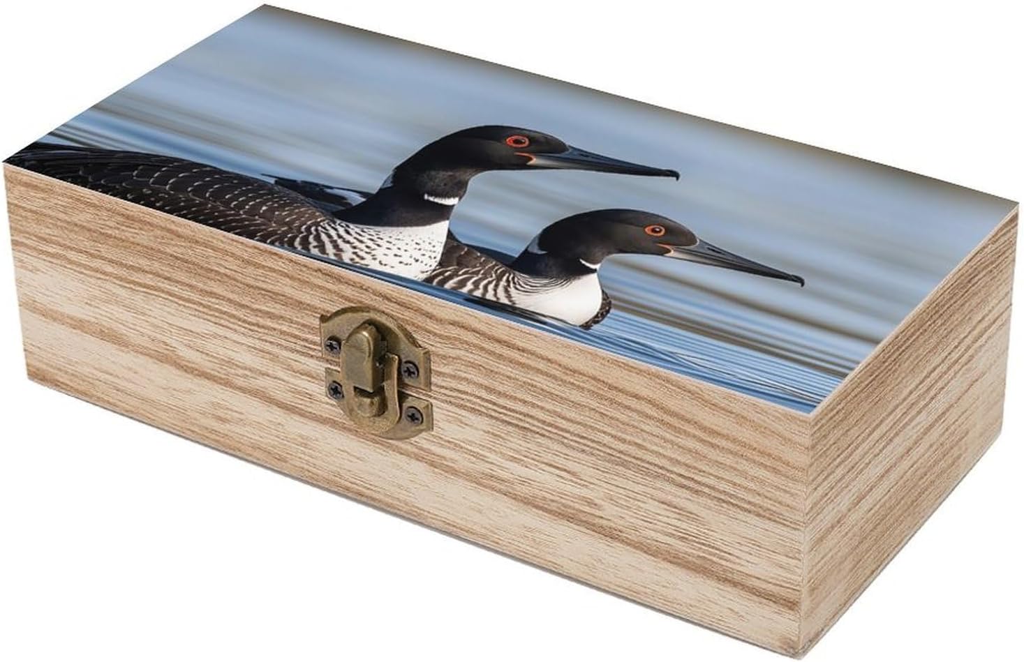 Loon Birds Memory Jewelry Wooden Box, Large Wooden Treasure Chest Boxes with Hinged Lid, Photos Storage Case for Women Men, Wooden Keepsake Box, 7.9'' X 3.9'' X2.3''