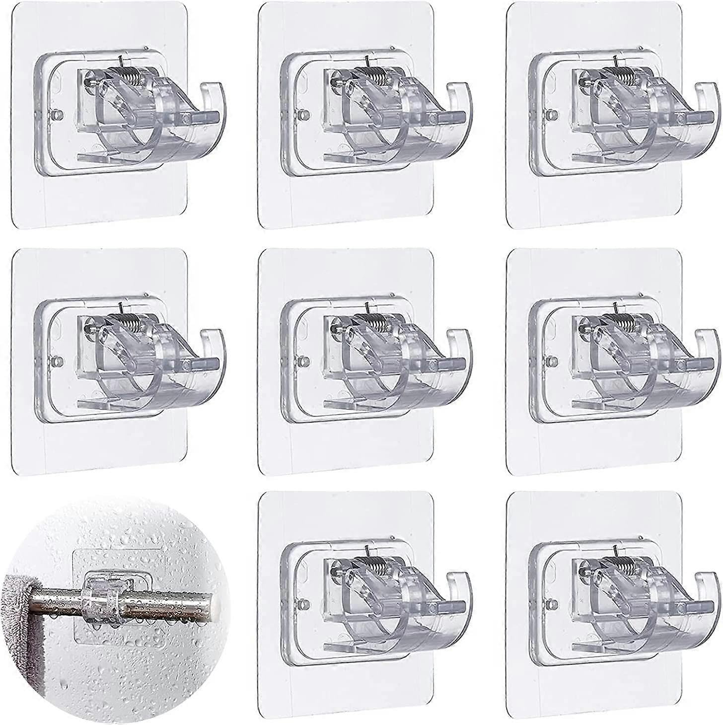JOYHAPPST Curtain Rod Bracket No Drilling, 8 Pcs Adhesive Curtain Rod Holder Hooks, 3M No Drill Curtain Rod Brackets Easy Hanger Clamp, Drapery Hook Fixing Wall
