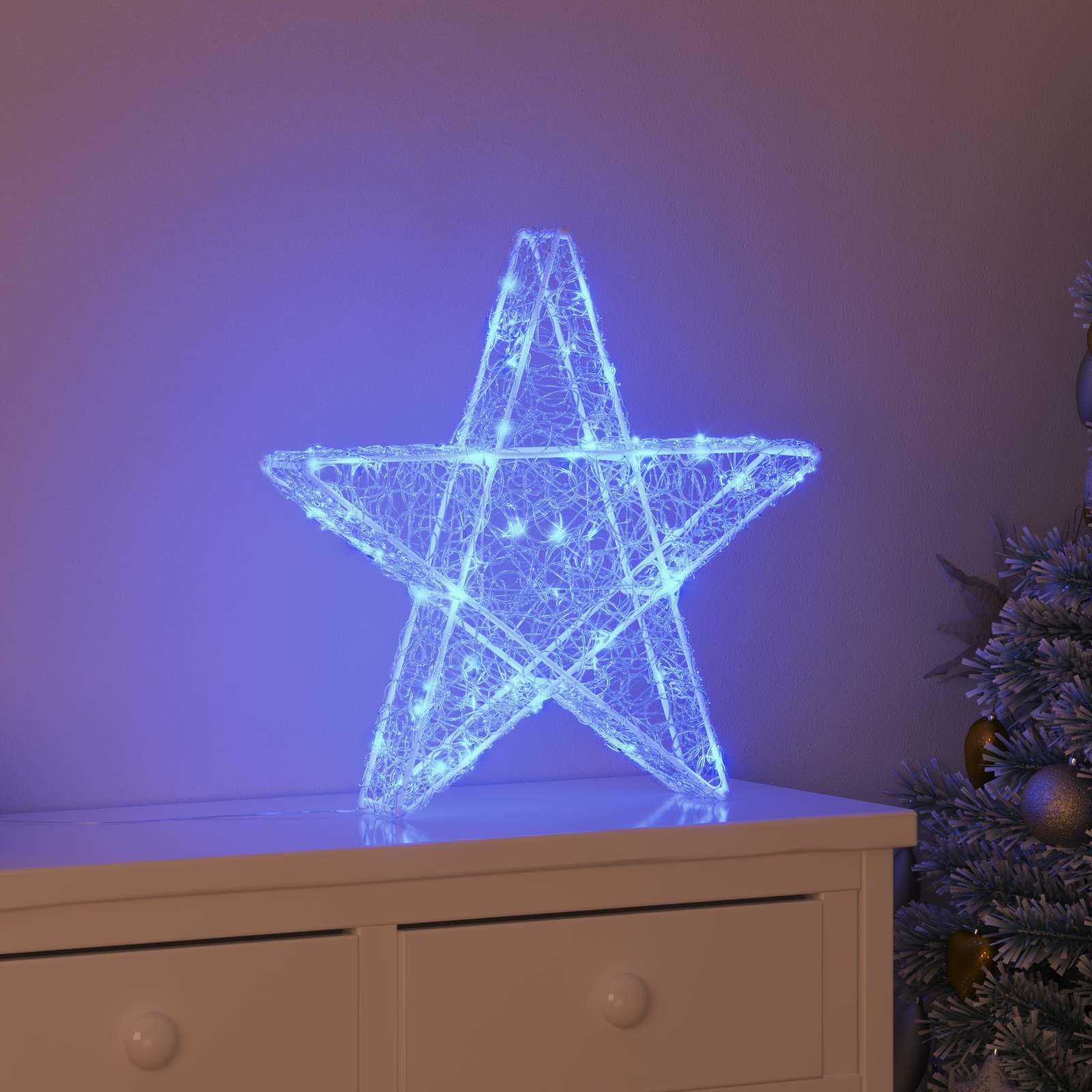 Estrella 3D de acrílico con 50 LED, azul, 55 x 53,5 x 10 cm, alimentado por USB, mando a distancia, decoración para árbol de Navidad, decoración para interior y exterior protegido