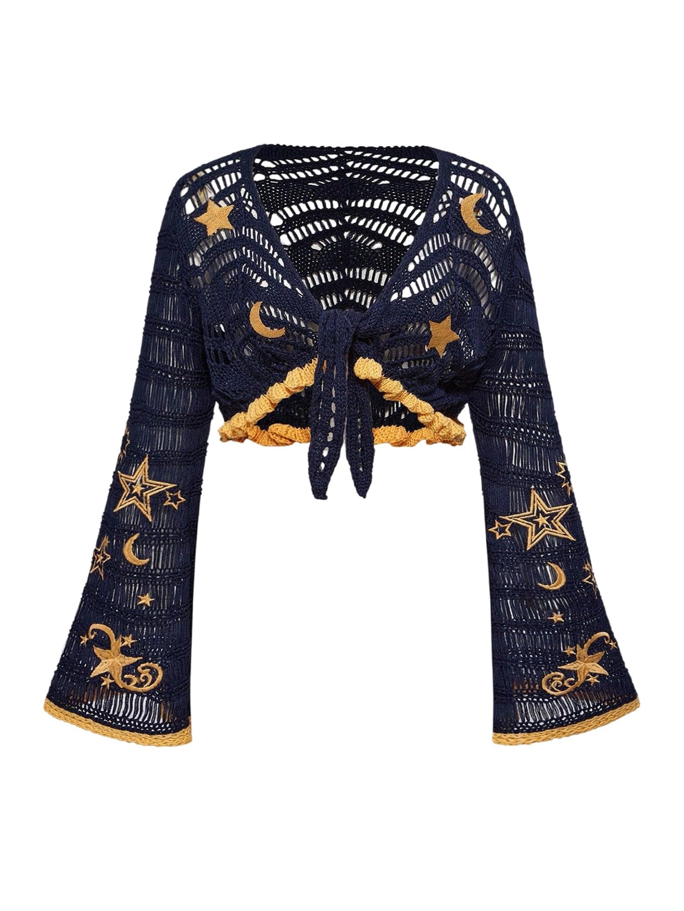 Womens Plus Size Tie Front Crochet Shrug Sweater Embroidered Bell Sleeve Knitted Punk Hippie Cropped Cardigan