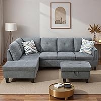 Vista 11 de Sofá seccional en forma de L con diván y otomana de almacenamiento, sofá modular convertible de 3 piezas para juegos de muebles de sala y Negro