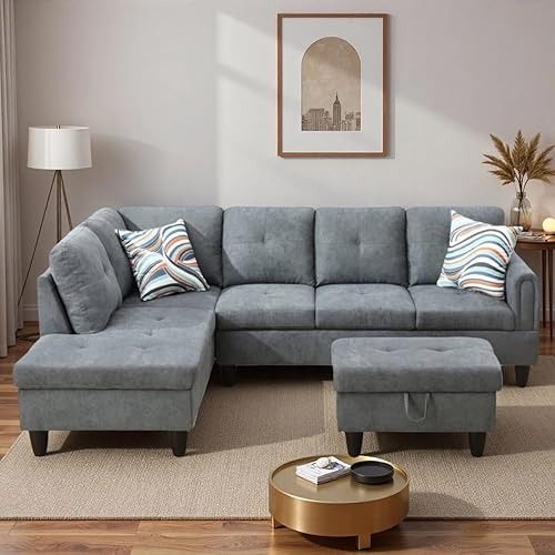 Miniatura 11 de Sofá seccional en forma de L con diván y otomana de almacenamiento, sofá modular convertible de 3 piezas para juegos de muebles de sala y negro