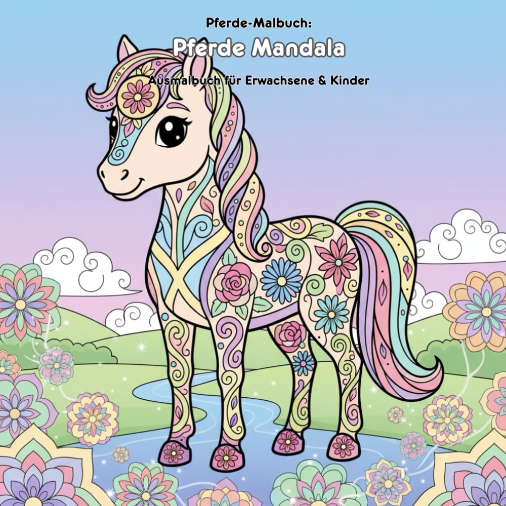 Pferde Mandala Geschichte & Malbuch: Für Erwachsene & Kinder: 36 Ausmalbilder mit Pferden, Blumen & Mandala Mustern | 21.59 x 21.59 cm | Große Motive für kleine Künstler