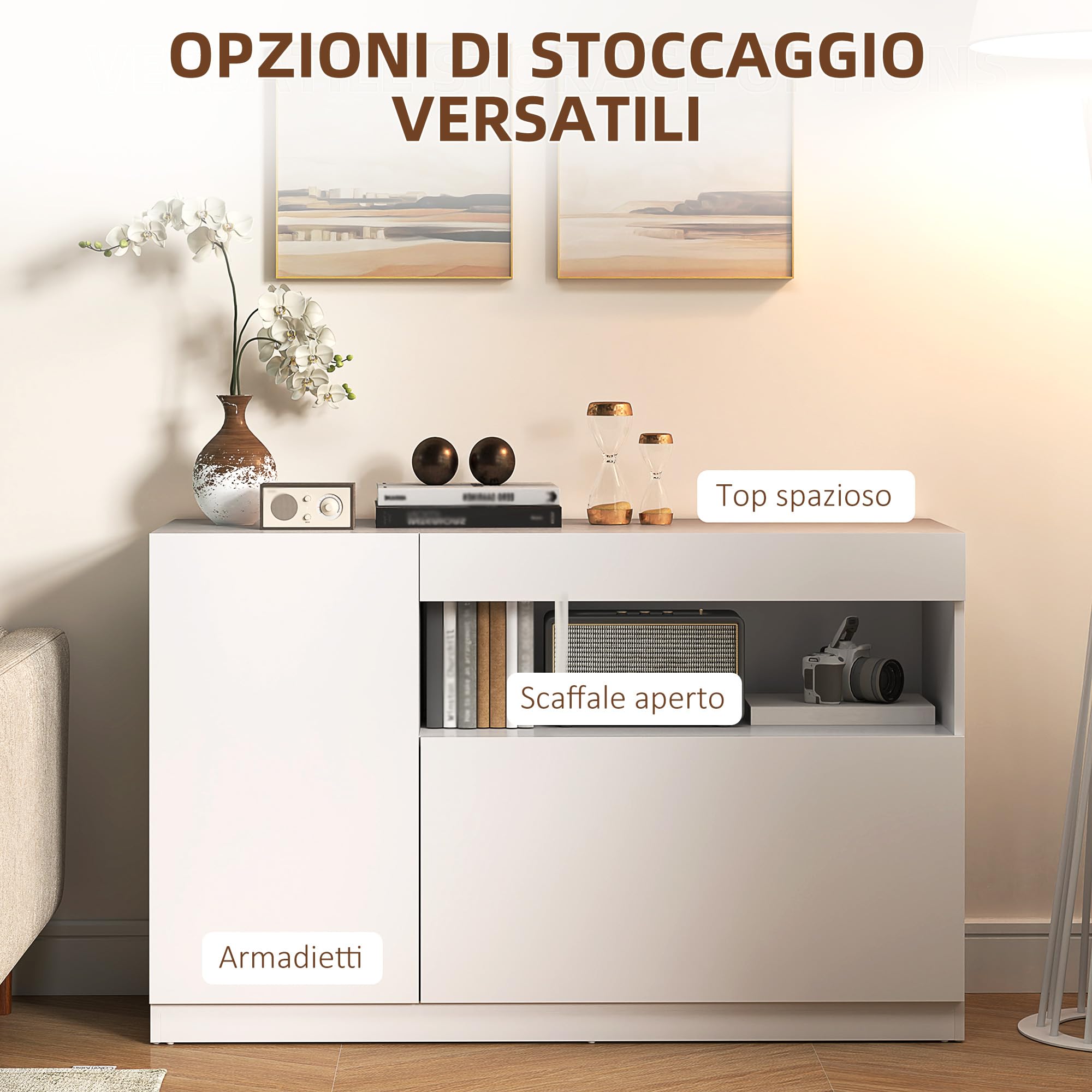 HOMCOM Credenza Cucina Bassa con Ante Ammortizzate, Mobile Buffet con 2 Armadietti, Scaffale Aperto, 2 Fori Passacavi, Ripiano Regolabile e Sistema Antiribaltamento, Bianco