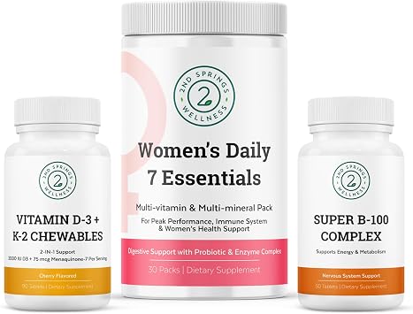 Womens Daily 7 Essentials, Vitamin D3+K2 Chewables & Super B-100 Complex Bundle