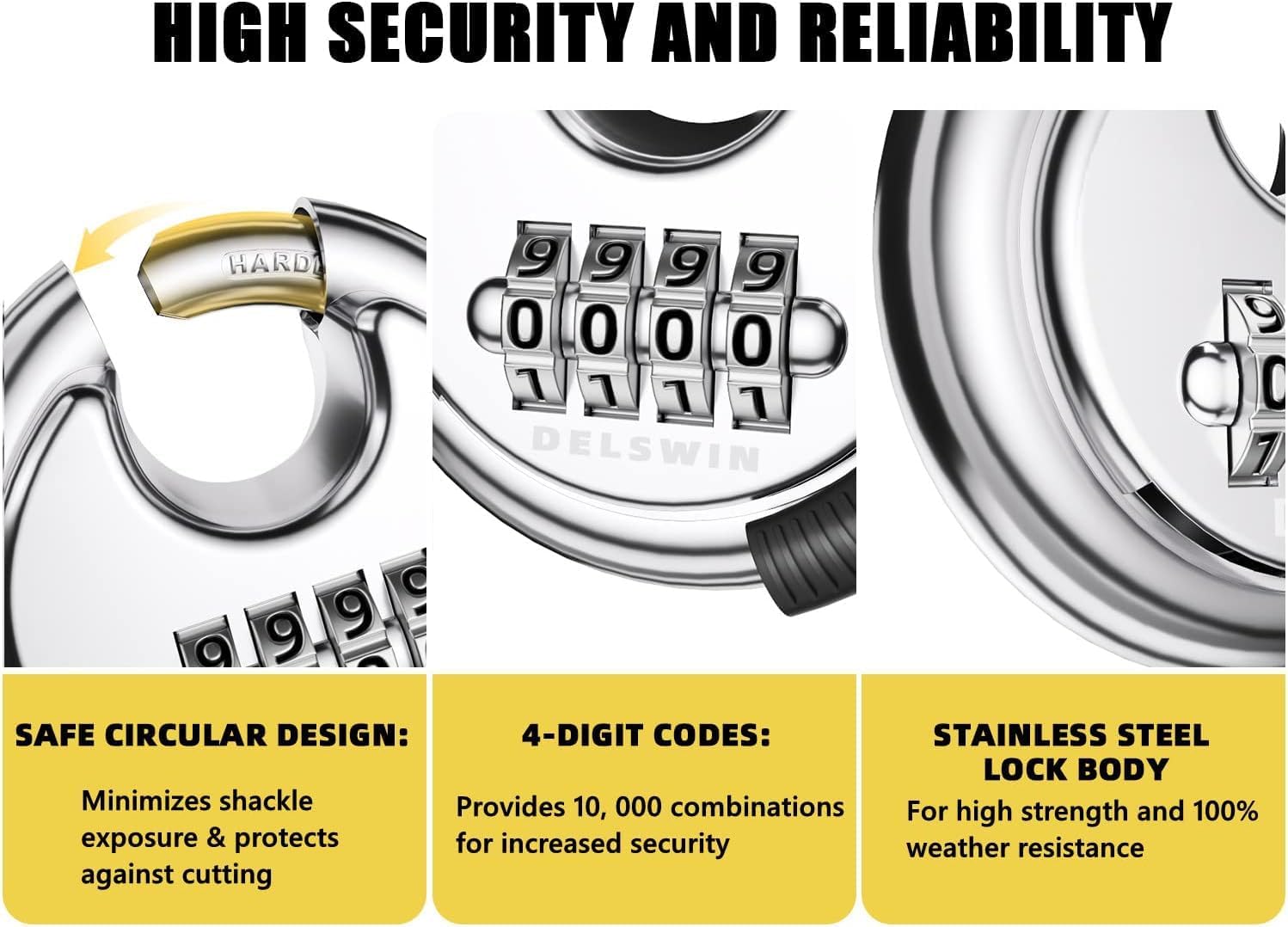 DELSWIN 4 Digit Combination Disc Padlock with Hardened Steel Shackle Outdoor Combo Gate Lock for Sheds, Storage Unit, Garage, Fence, Trailer Tongue (4 Pcs)