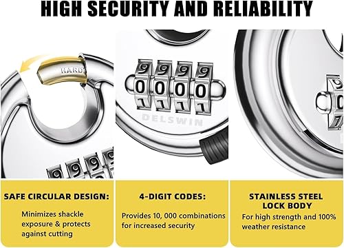 Miniatura 6 de DELSWIN Candado de disco combinado de 4 dígitos con grillete de acero endurecido para exteriores, cerradura de puerta combinada para cobertizos,