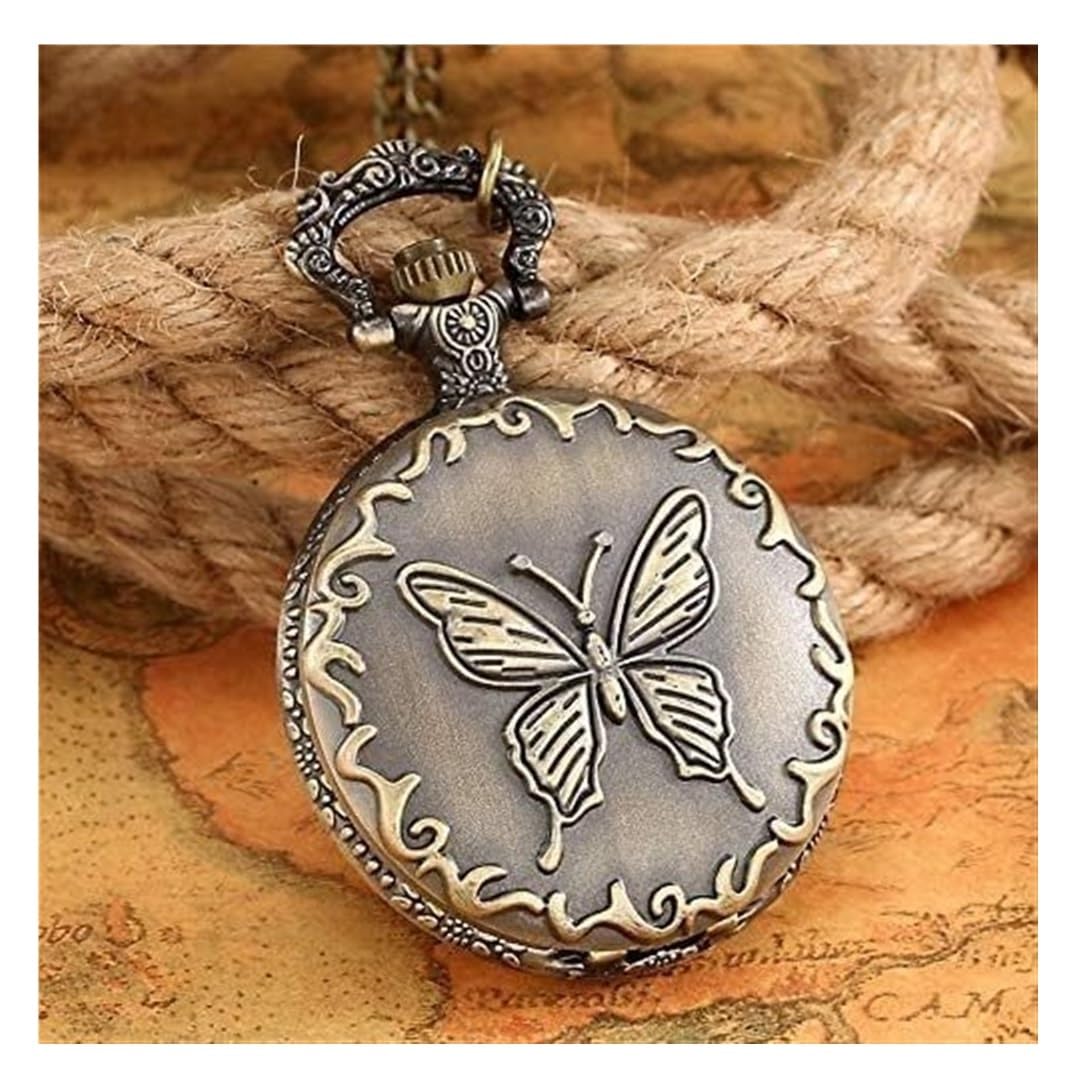Reloj de Bolsillo Unisex Reloj De Bolsillo Cuarzo Mariposa Bronce Retro, Cadena Suéter Regalos Hombres Mujeres Clásico Fiestas